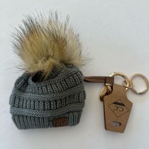 C.C  Gray Knit Hat Keychain with Pom-Pom